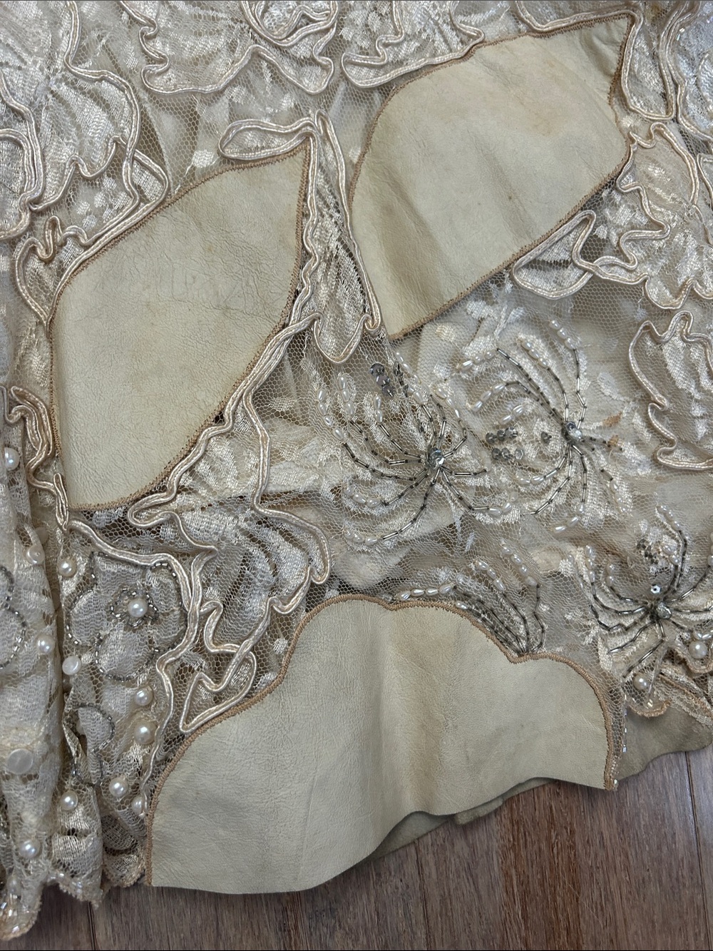VTG lace suede layered beaded midi Floral Mermaid Skirt - Cream size M - Picture 6 of 14